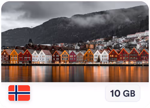 eSIM card showing colorful wooden houses along waterfront with reflections, mountains, and cloudy sky in Norway with Norwegian flag icon and 10 GB data label