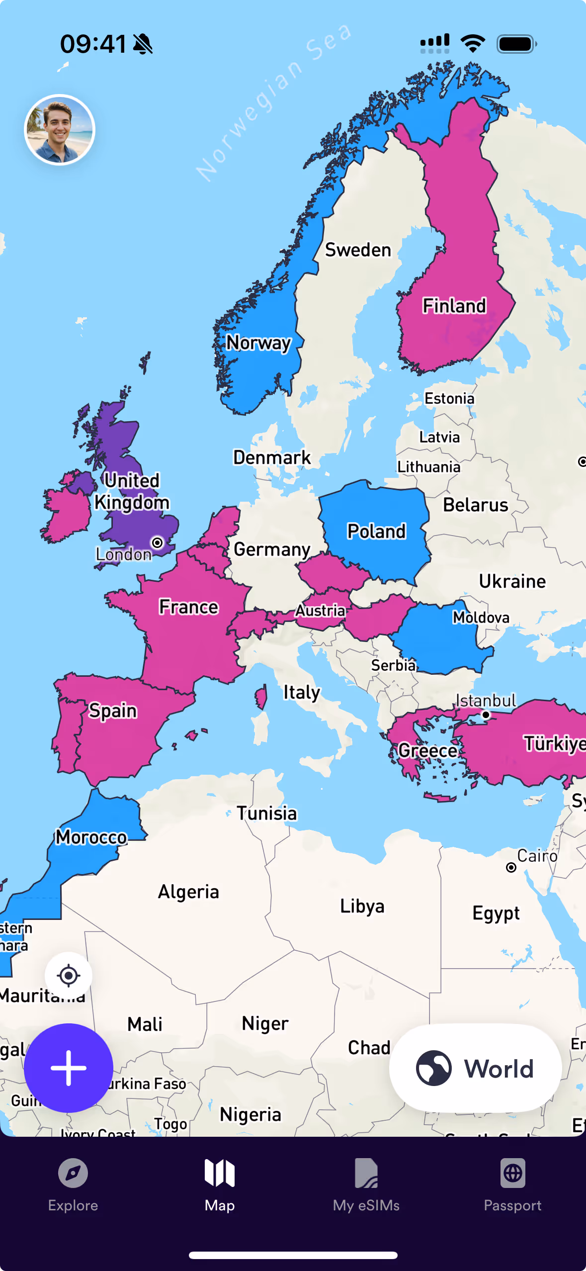 Skratch app screen showing a map of Europe with countries shaded in blue, purple, and magenta to indicate countries a user has visited or wants to visit
