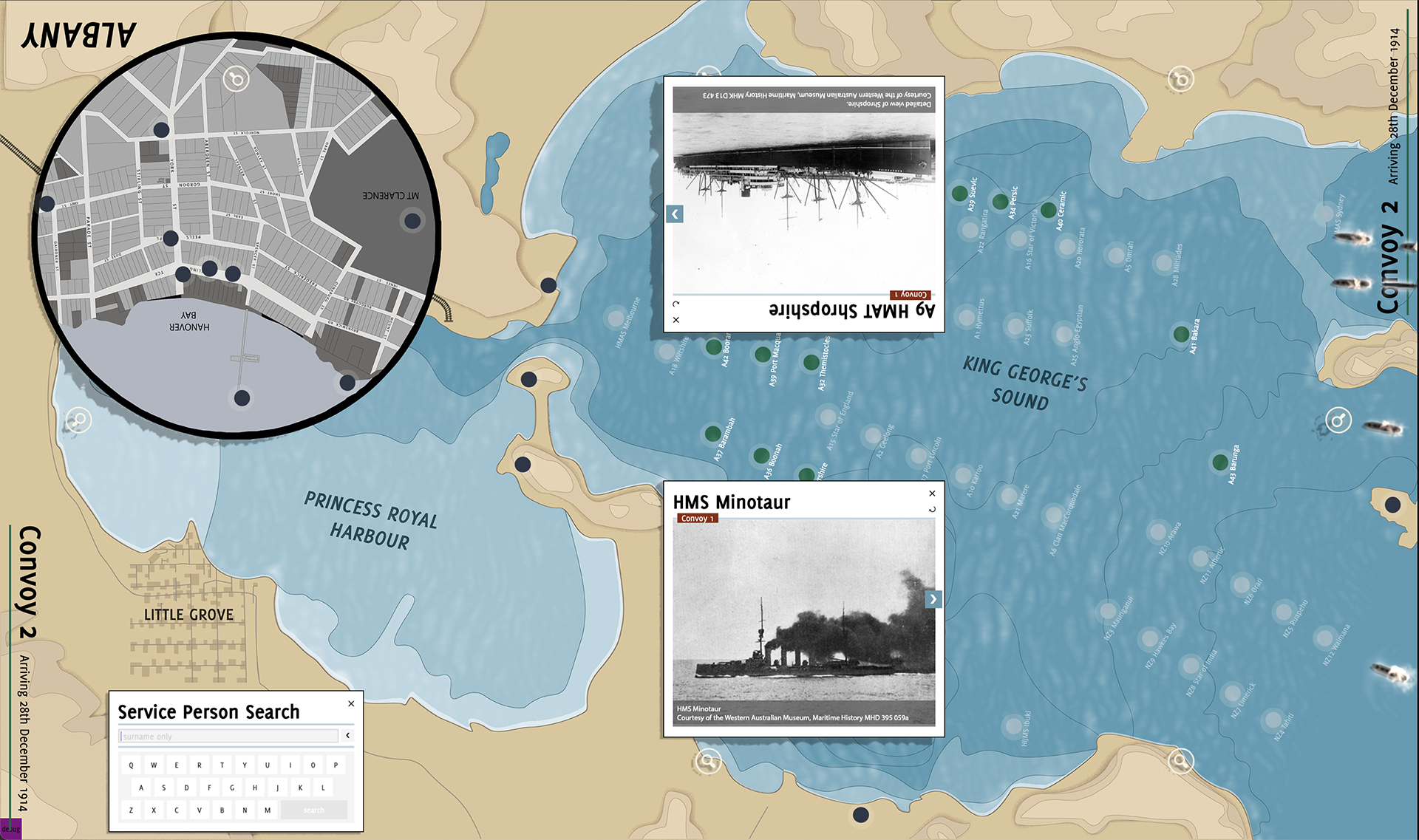 interactive map of albany with widgets pulled up. these widgets have information pertaining to ships in the harbour. 
there is also a search bar