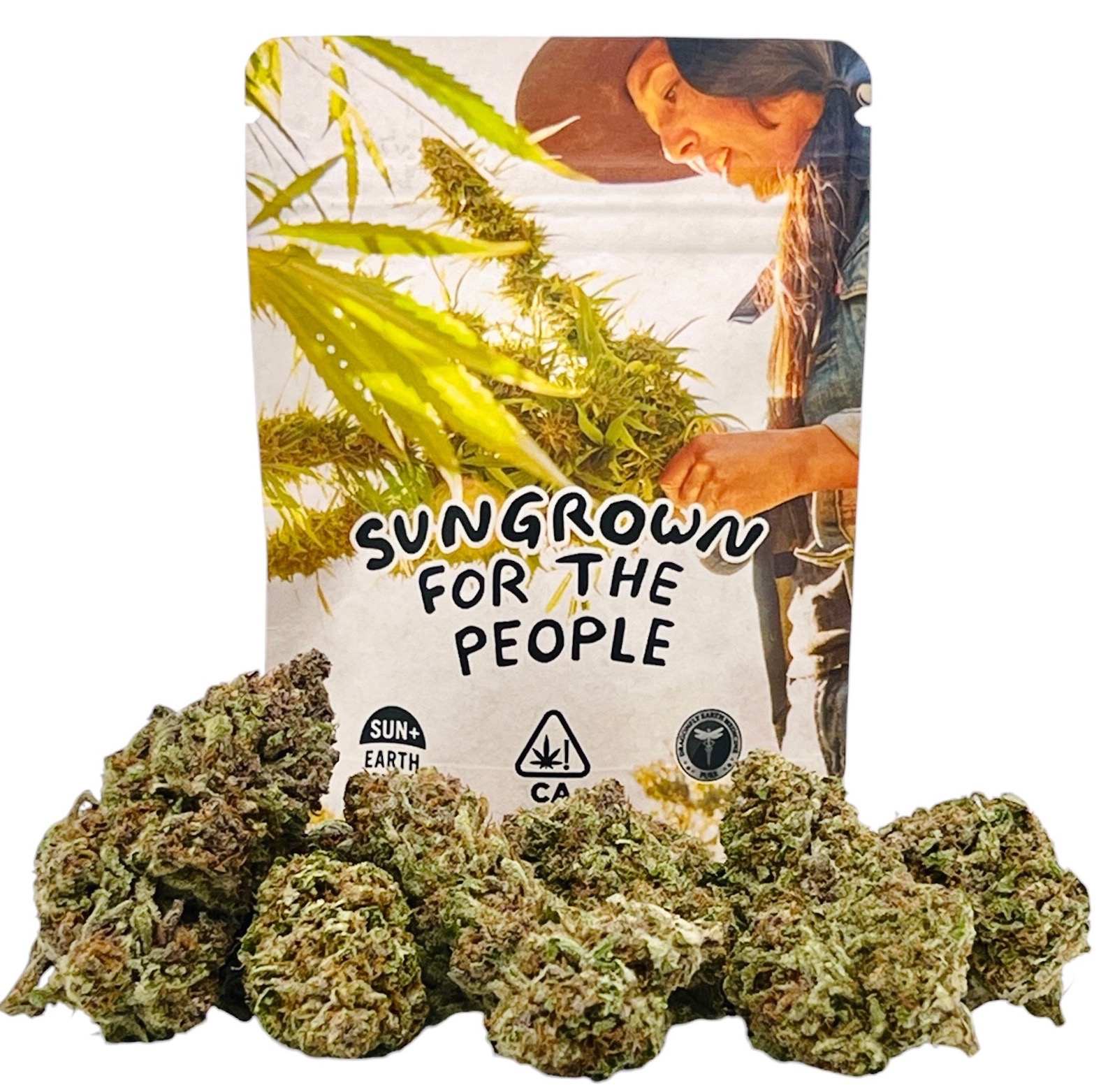 Moon Made Farms sungrown cannabis flower with packaging labeled “Sungrown for the People.”
