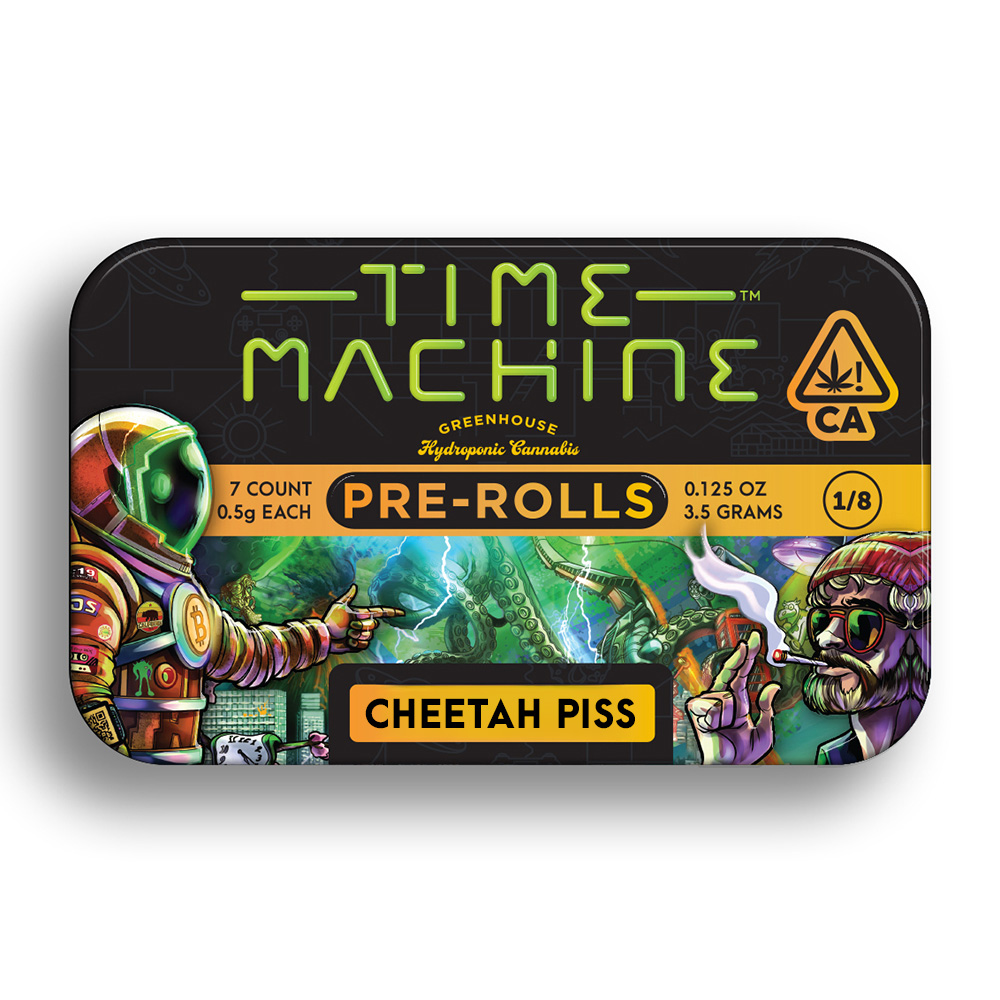 A rectangular metal tin of Time Machine Greenhouse Hydroponic Cannabis pre-rolls in the Cheetah Piss strain. The black tin features the "Time Machine" brand name in bright green futuristic lettering at the top, with a California cannabis compliance triangle icon in the upper right. A bold yellow horizontal band across the middle reads "PRE-ROLLS" with "7 Count / 0.5g Each" on the left and "0.125 oz / 3.5 Grams / 1/8" on the right. The strain name "Cheetah Piss" appears in a yellow rounded-rectangle badge near the bottom. The tin's illustrated artwork shows a vibrant, psychedelic scene with a colorful armored astronaut on the left and a bearded, sunglasses-wearing figure smoking on the right, set against a stormy green background with lightning and tentacles.