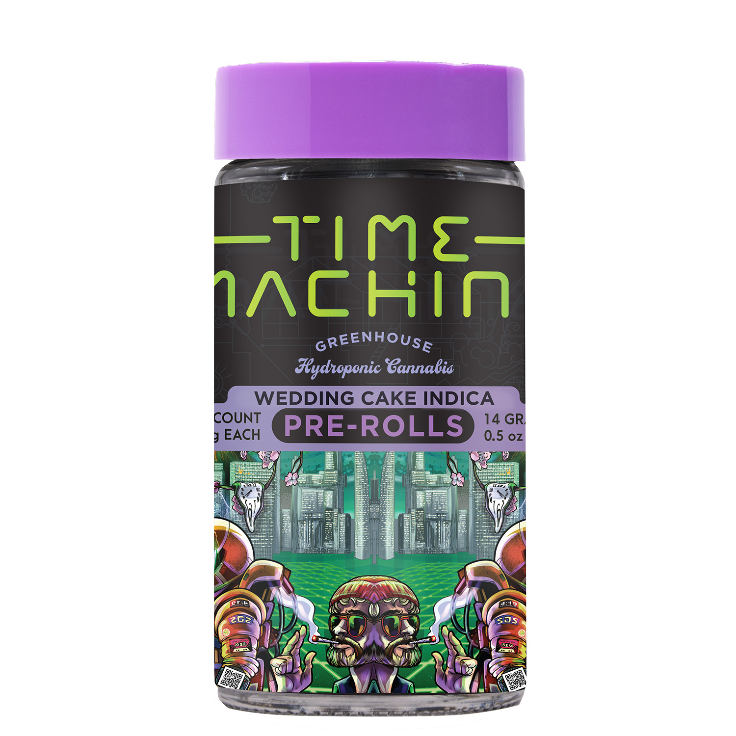 A clear cylindrical jar with a purple child-resistant lid containing Time Machine Greenhouse Hydroponic Cannabis pre-rolls in the Wedding Cake Indica strain. The black wrap-around label prominently features the "Time Machine" brand name in bright green futuristic lettering, with "Greenhouse Hydroponic Cannabis" in script beneath it. A purple banner reads "Wedding Cake Indica" and a dark pill-shaped badge reads "Pre-Rolls." Partially visible text indicates count and weight per pre-roll, with total contents of 14 grams / 0.5 oz. The lower portion of the label features vibrant illustrated artwork wrapping around the jar, depicting a symmetrical psychedelic scene with a bearded, sunglasses-wearing figure smoking in the center, flanked by colorful armored astronaut figures, set against a neon-lit futuristic cityscape with cherry blossoms and bird-skull motifs. QR codes are visible at the base of the label on both sides.