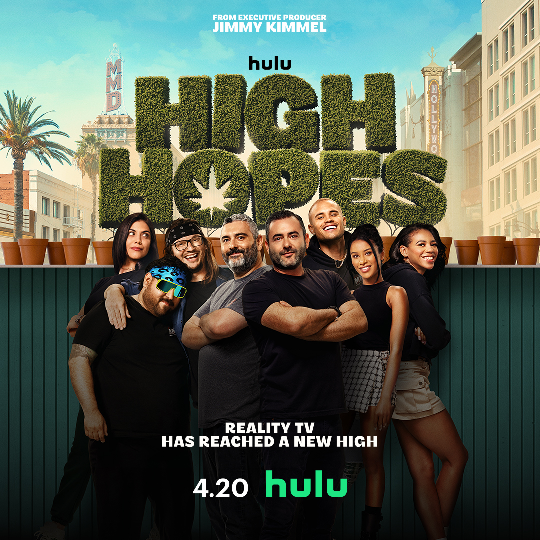 Poster for Hulu's "High Hopes" showing MMD's Ashbel brothers and staff beneath a hedge-lettered title in Hollywood.