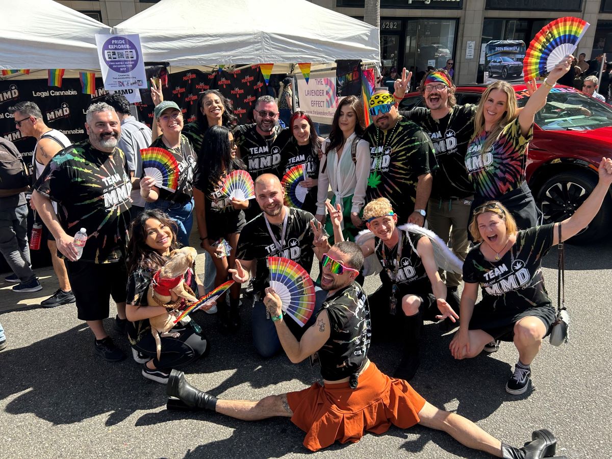 MMD employees in tie-dye "Team MMD" shirts wave rainbow fans at the company's booth during a Pride street festival.