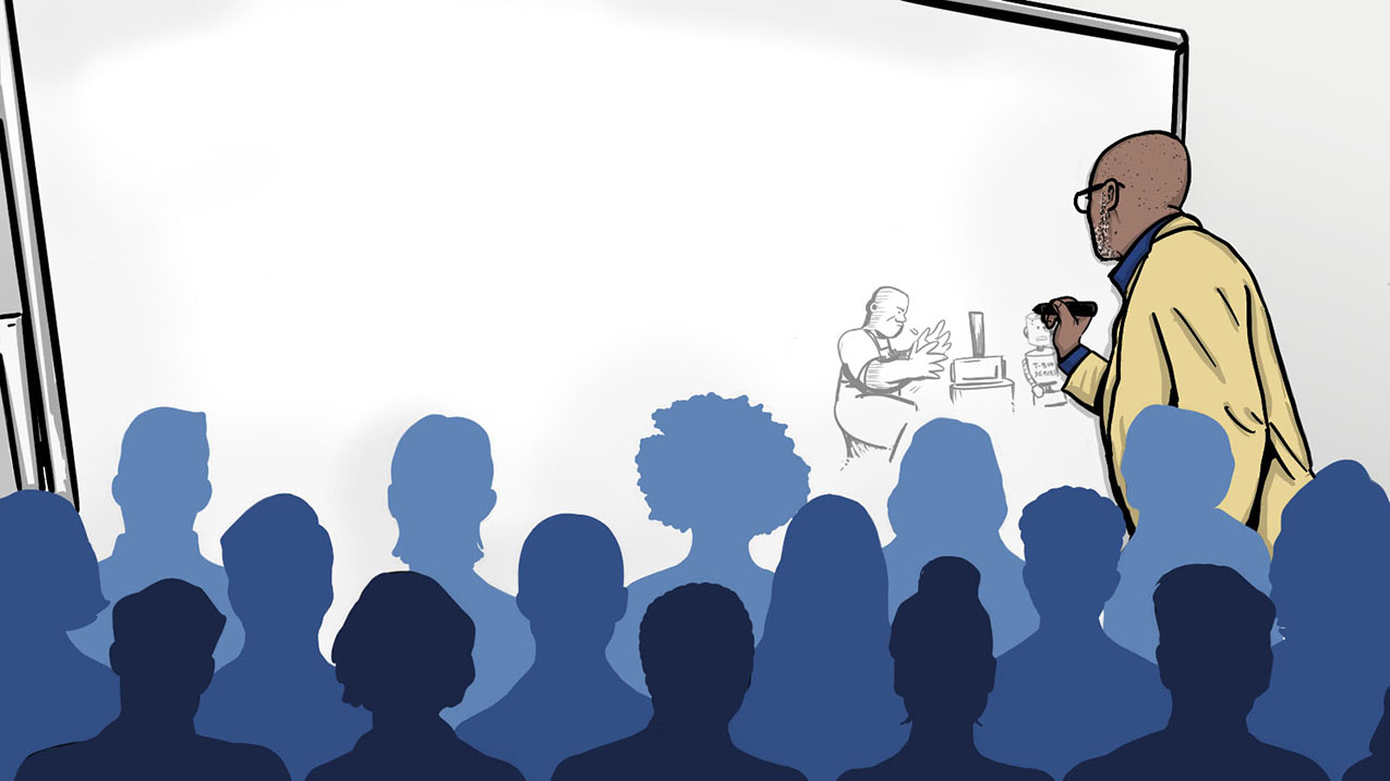 An illustration of graphic recorder, Christopher Fuller drawing a cartoon of John Henry reaching for his hammer. Next to him is a fleeing Scribe-Bot T-800.