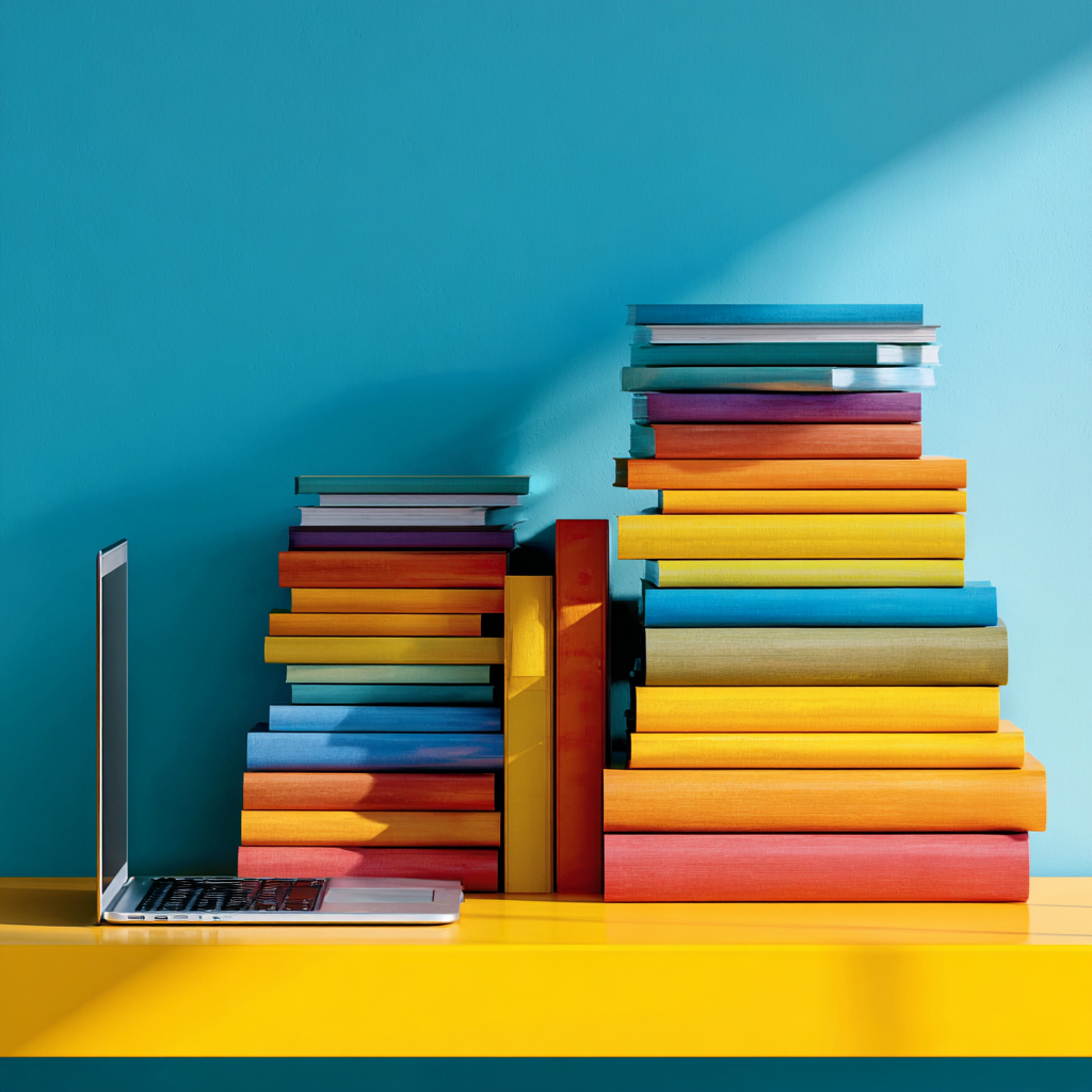 A sleek laptop positioned between two tall stacks of colorful books on a bright yellow shelf against a blue wall—representing the intersection of digital and physical media, and the need for churches to safeguard both when working with vendors.