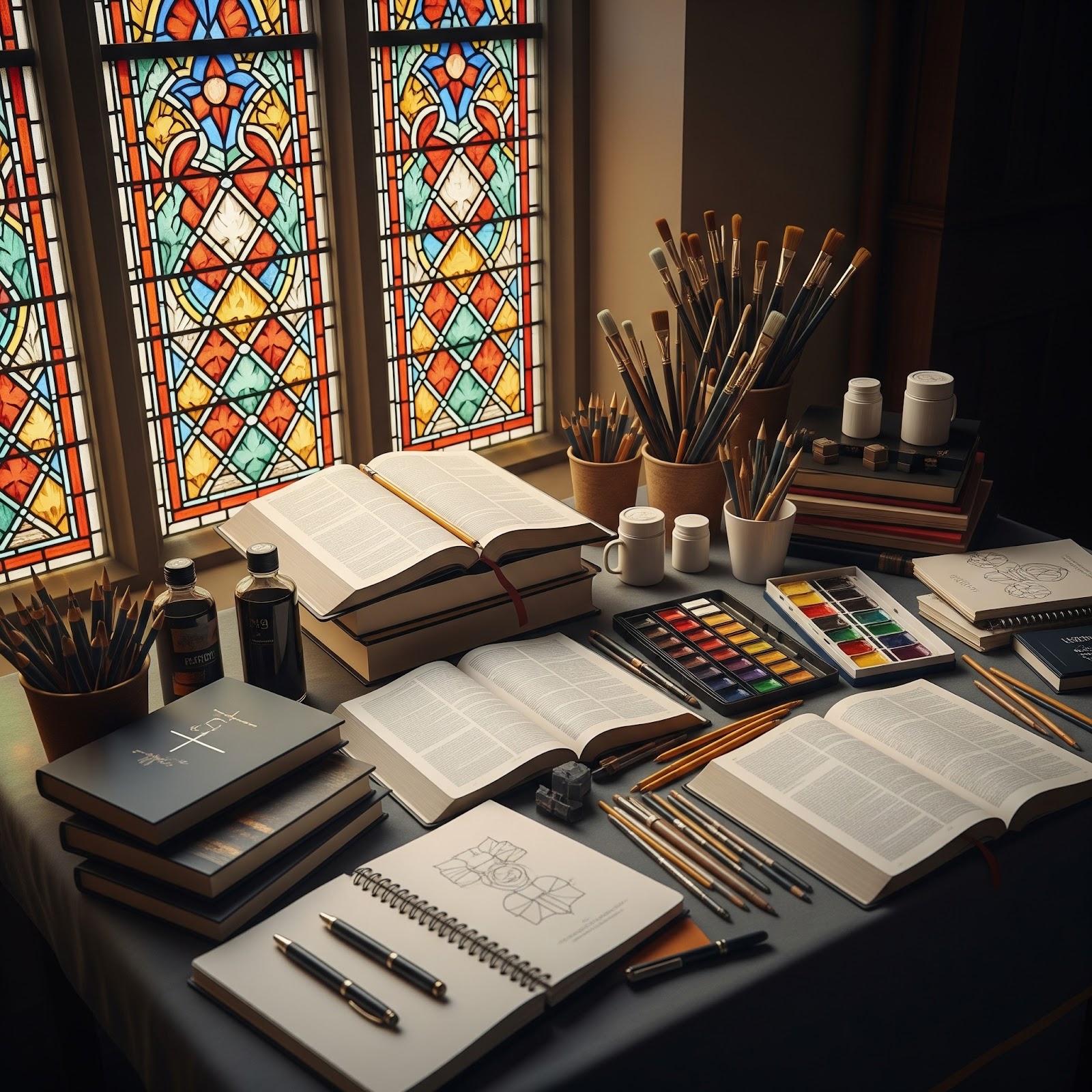 A church table filled with open Bibles, art supplies, and study materials near stained glass windows—symbolizing the creative and spiritual assets that churches must protect when working with external media vendors.}