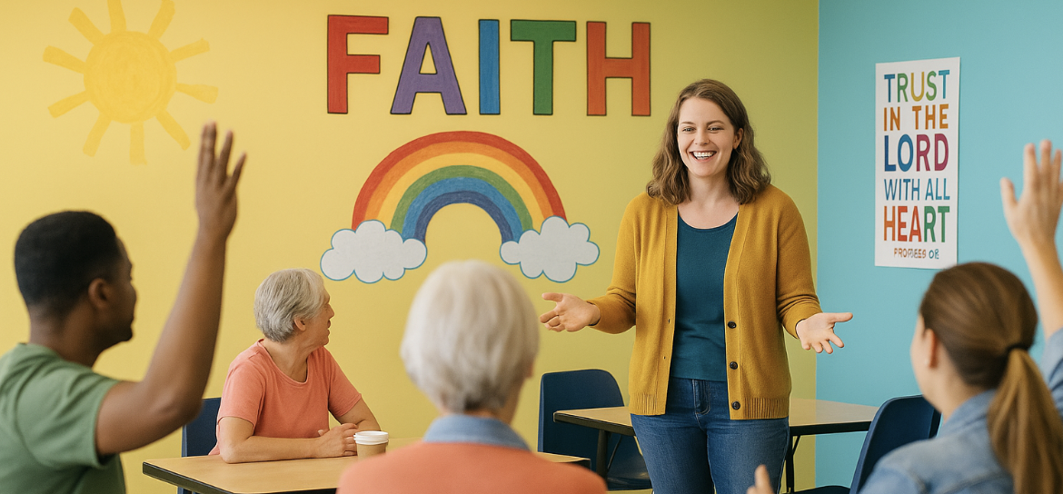 Church ministry volunteers in a bright, colorful room, actively participating in a lively training session with a smiling facilitator and faith-themed decorations.