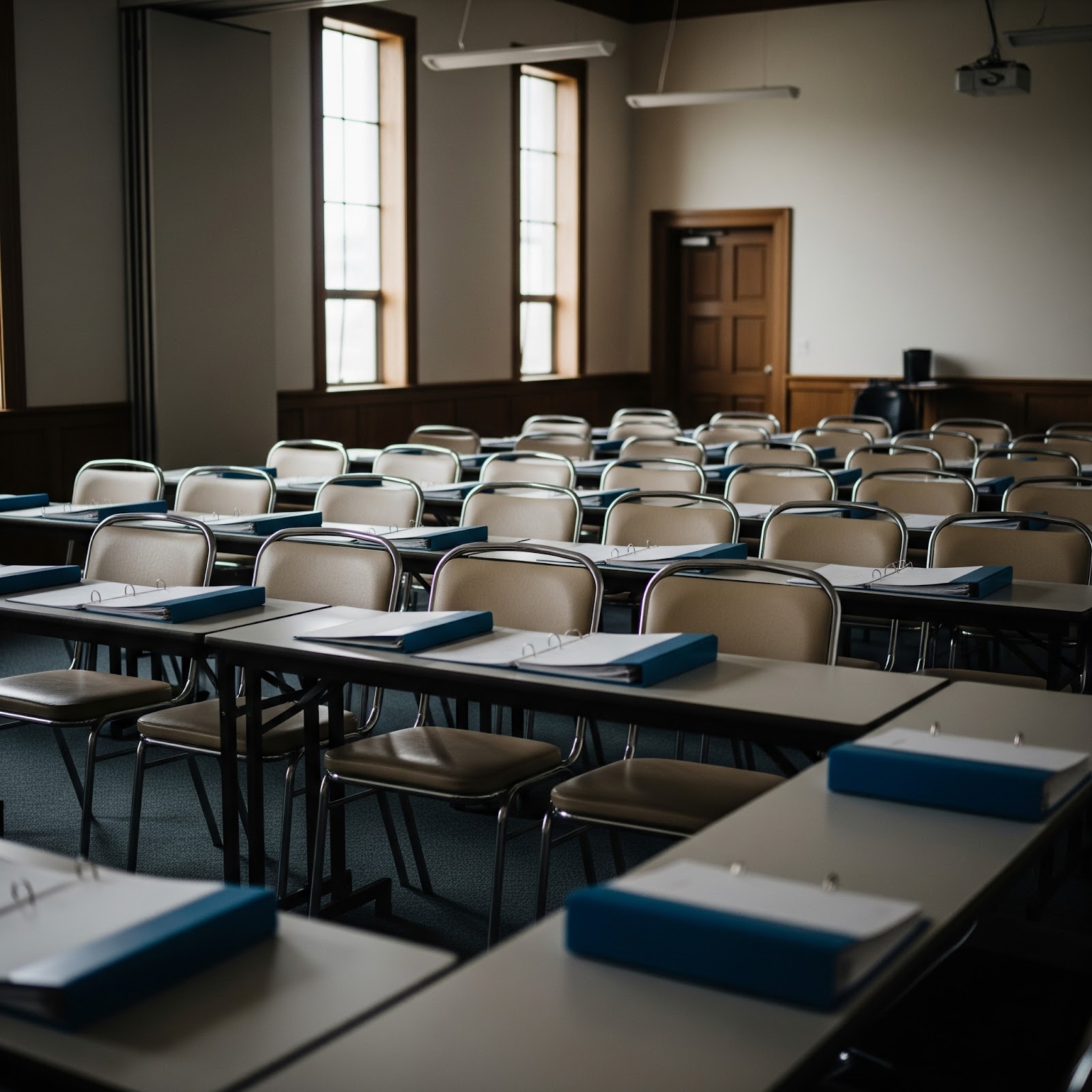 Empty church training room with chairs and untouched binders on tables, suggesting missed volunteer training.