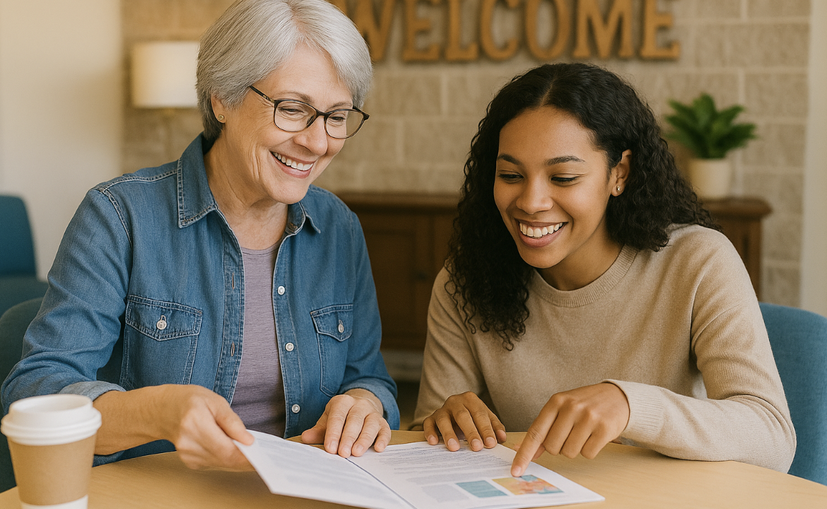 Experienced volunteer warmly mentoring a newcomer at a table, sharing materials in a welcoming church environment.