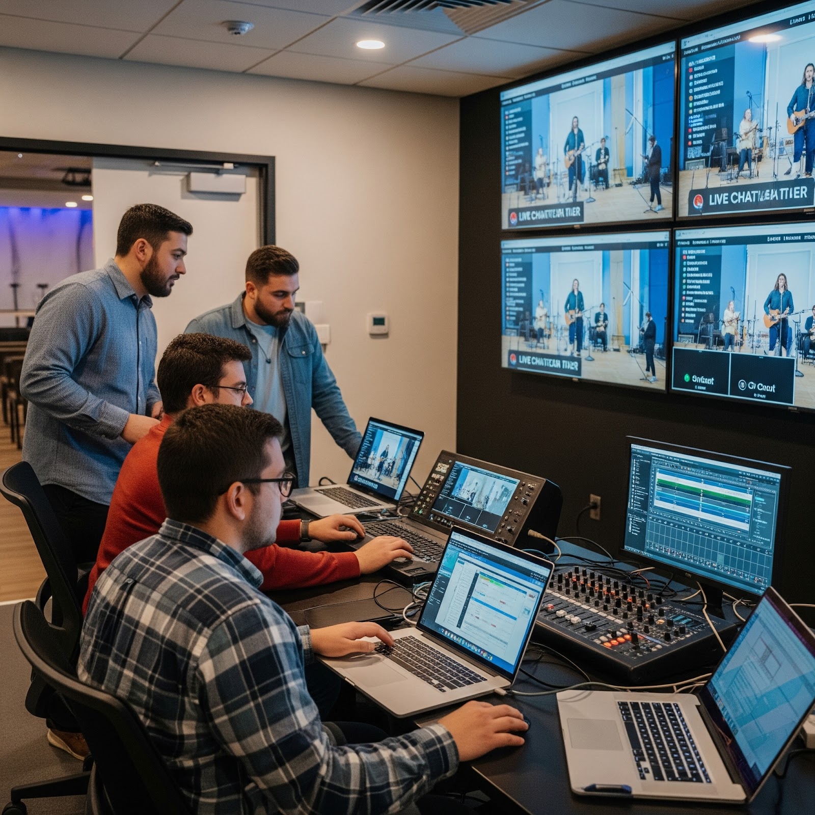 Church tech staff managing livestream during service.
