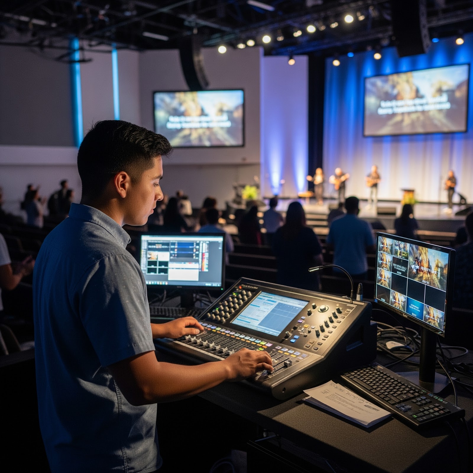 Church volunteer managing the AV during a worship service.