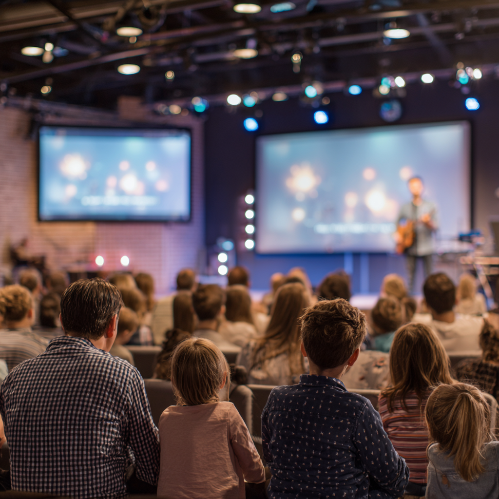 A congregation of families seated inside a modern church auditorium watching a worship leader play guitar on stage, with two large digital screens displaying visuals in the background. The scene highlights a family-friendly atmosphere with digital signage enhancing the worship experience.