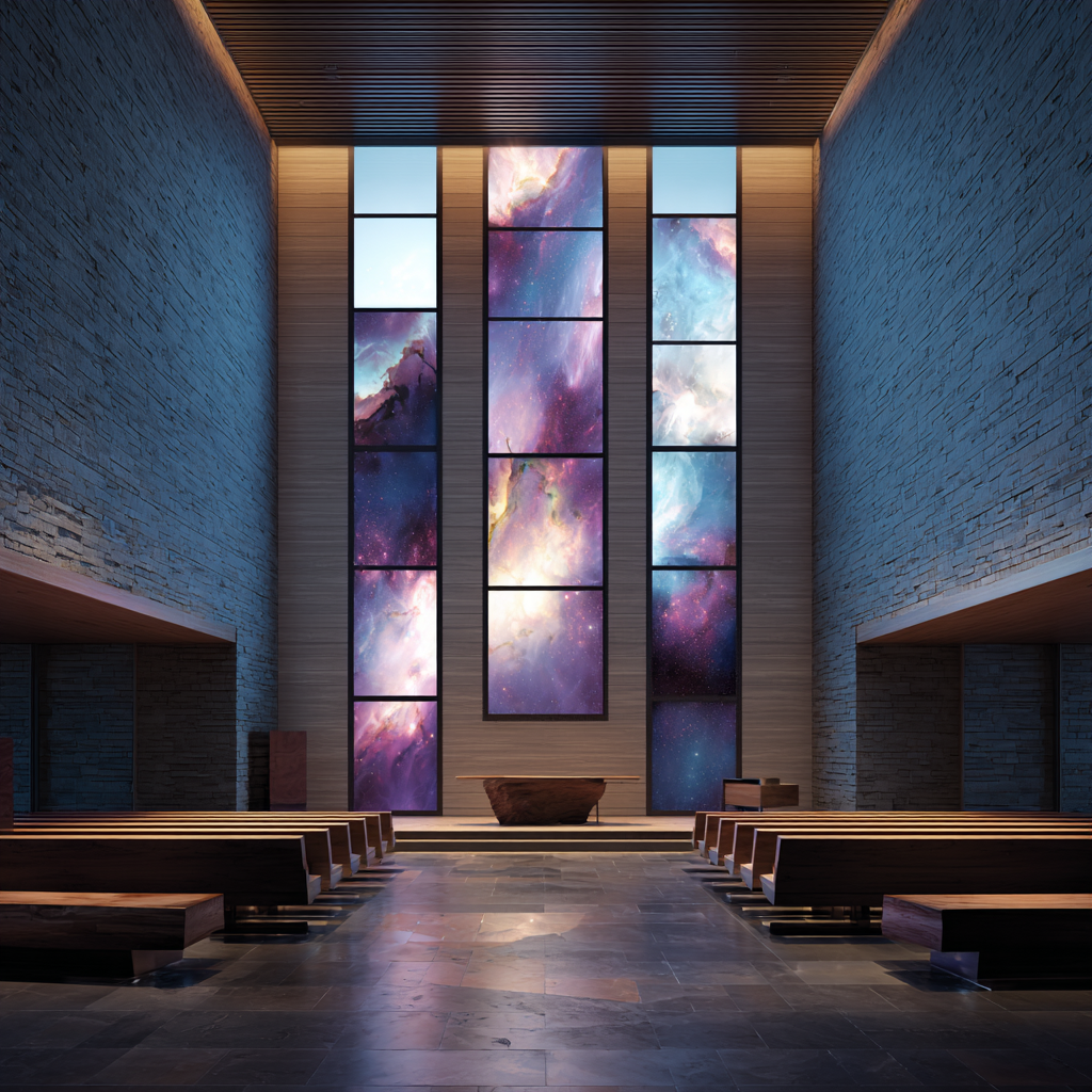 A modern church sanctuary featuring towering digital panels that resemble stained glass windows, displaying vivid space-themed imagery with galaxies and nebulae. The design blends tradition with technology, showcasing how digital signage can create awe-inspiring, immersive worship environments.