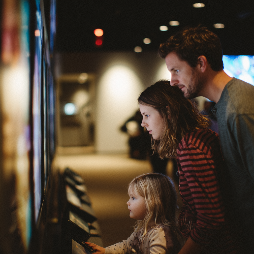 A young family interacts with a digital touchscreen display in a warmly lit church hallway. The father, mother, and young daughter are engaged with the content, showcasing how digital signage can create an immersive and welcoming environment for families within church spaces.