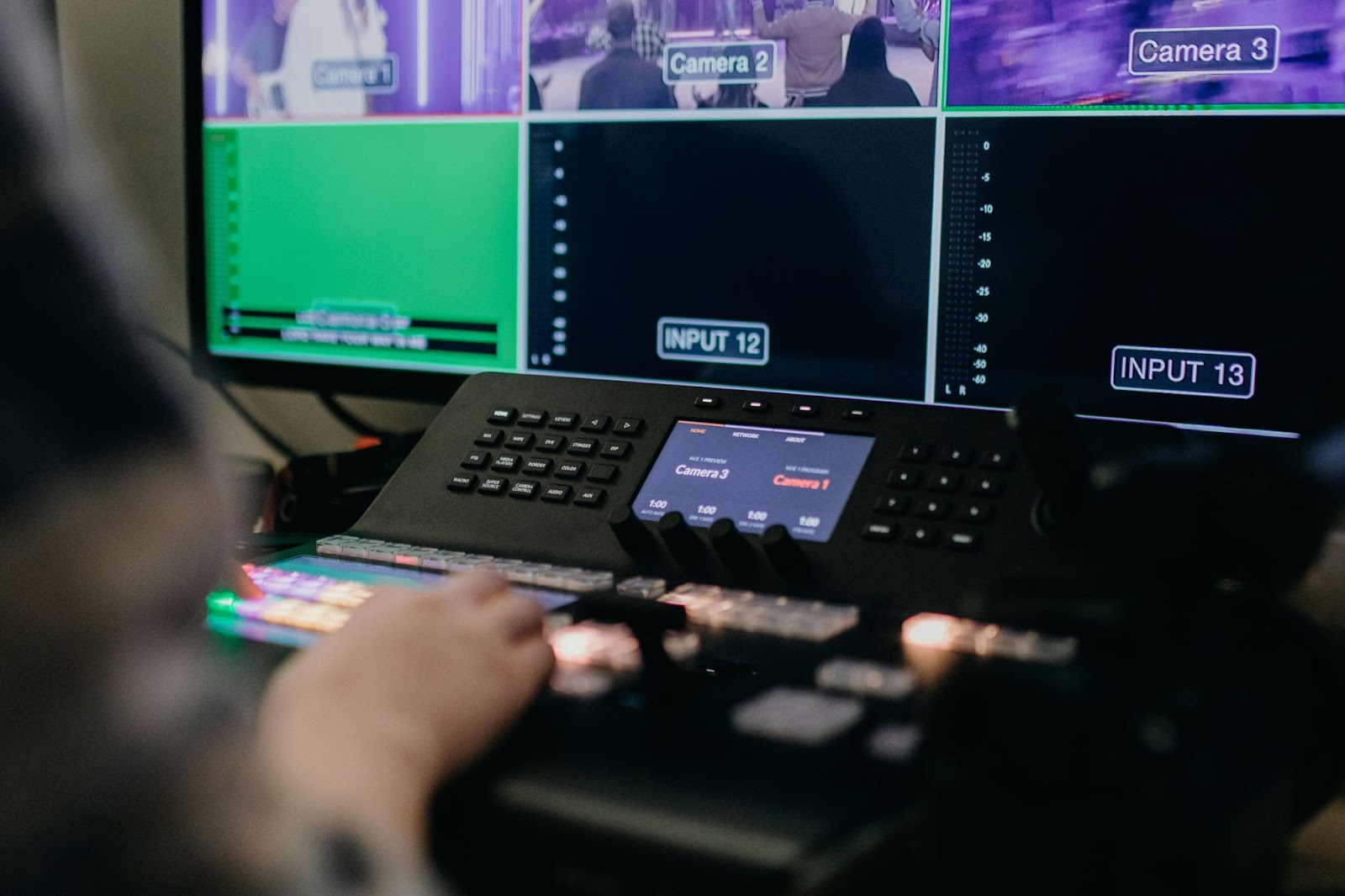 A close-up of a church media control panel with multiple camera feeds on the monitor, representing the behind-the-scenes technology used to produce engaging, high-quality kids ministry curriculum and livestream services.