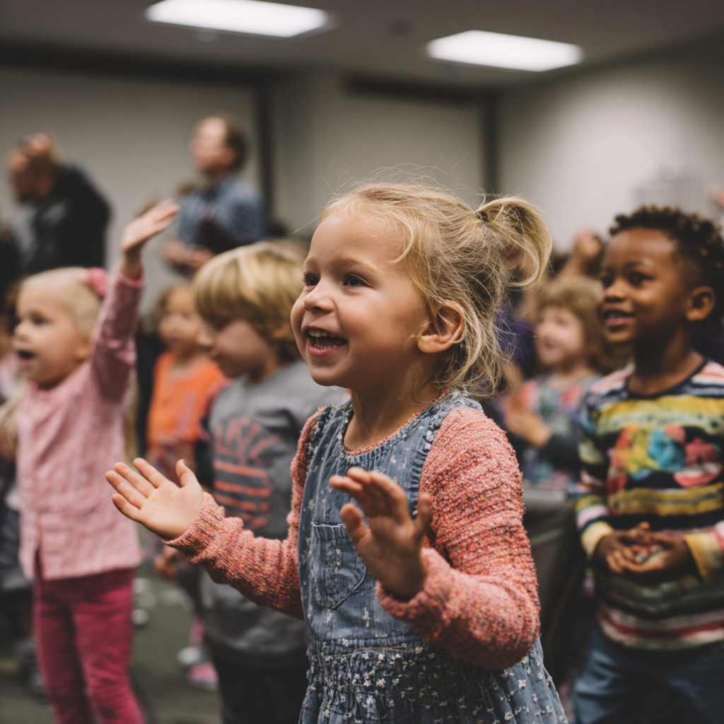 Young children enthusiastically clap and sing during a church classroom activity, capturing the energy and excitement of hands-on, worship-centered kids ministry curriculum.