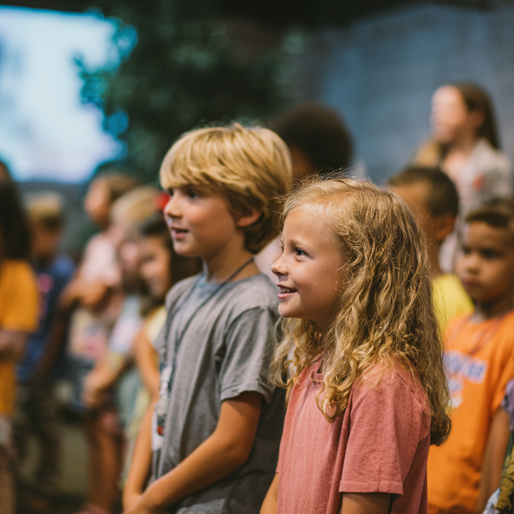 A group of smiling children stand closely together during a church kids ministry program, listening intently to a leader, symbolizing the joy and engagement that come from interactive Bible lessons.