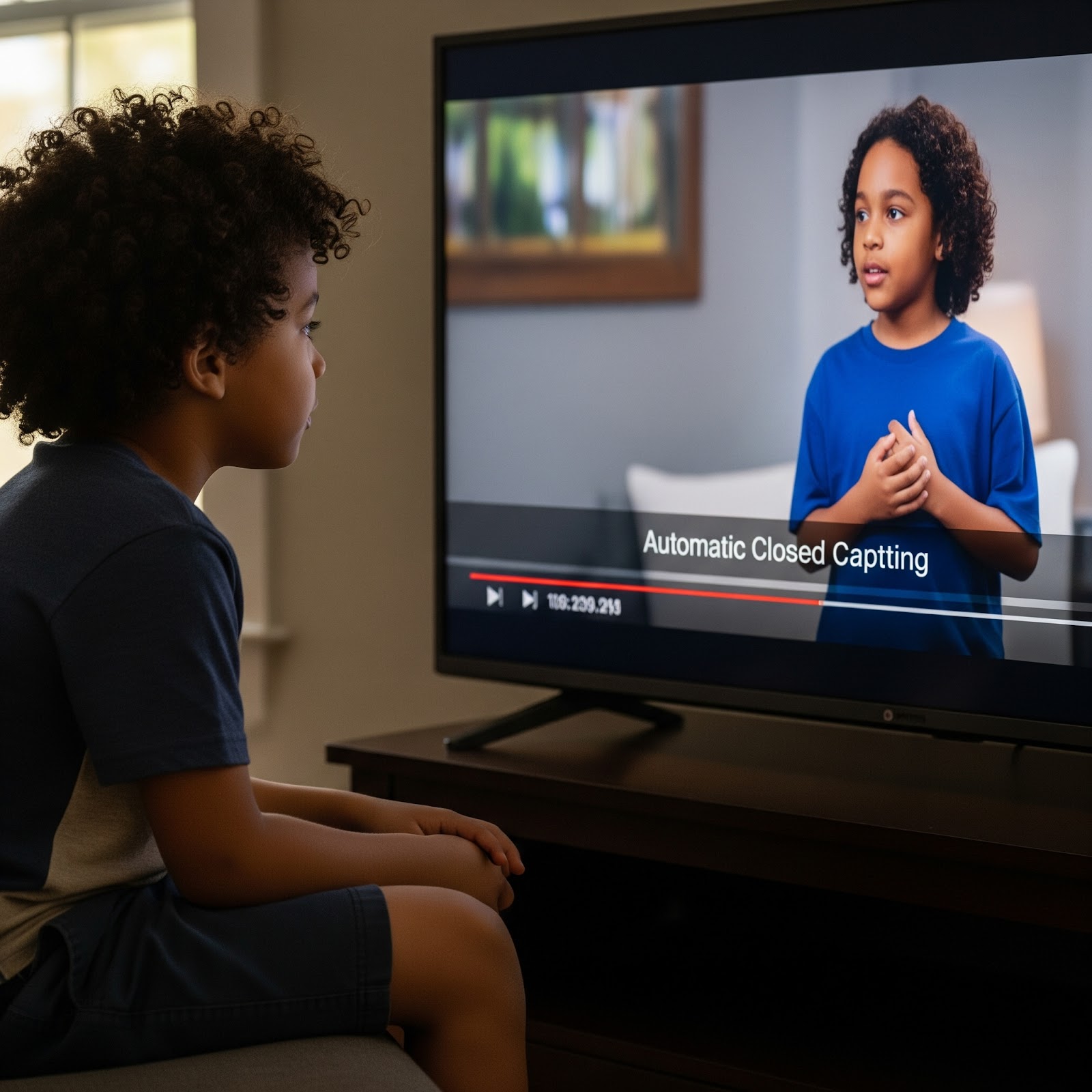 Child watching TV with automated closed captioning software to watch a ministry video, staying engaged and focused.