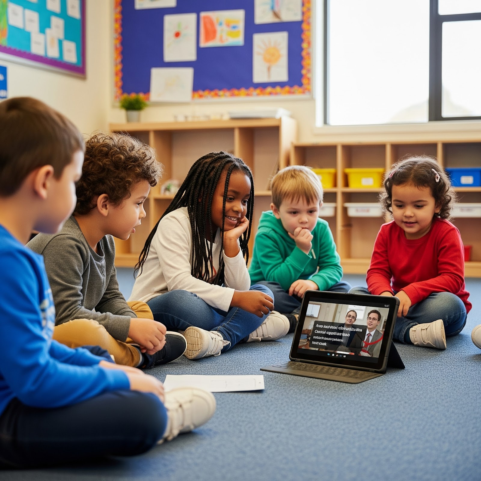 Children watch a video with automated closed captioning software in a friendly church environment.