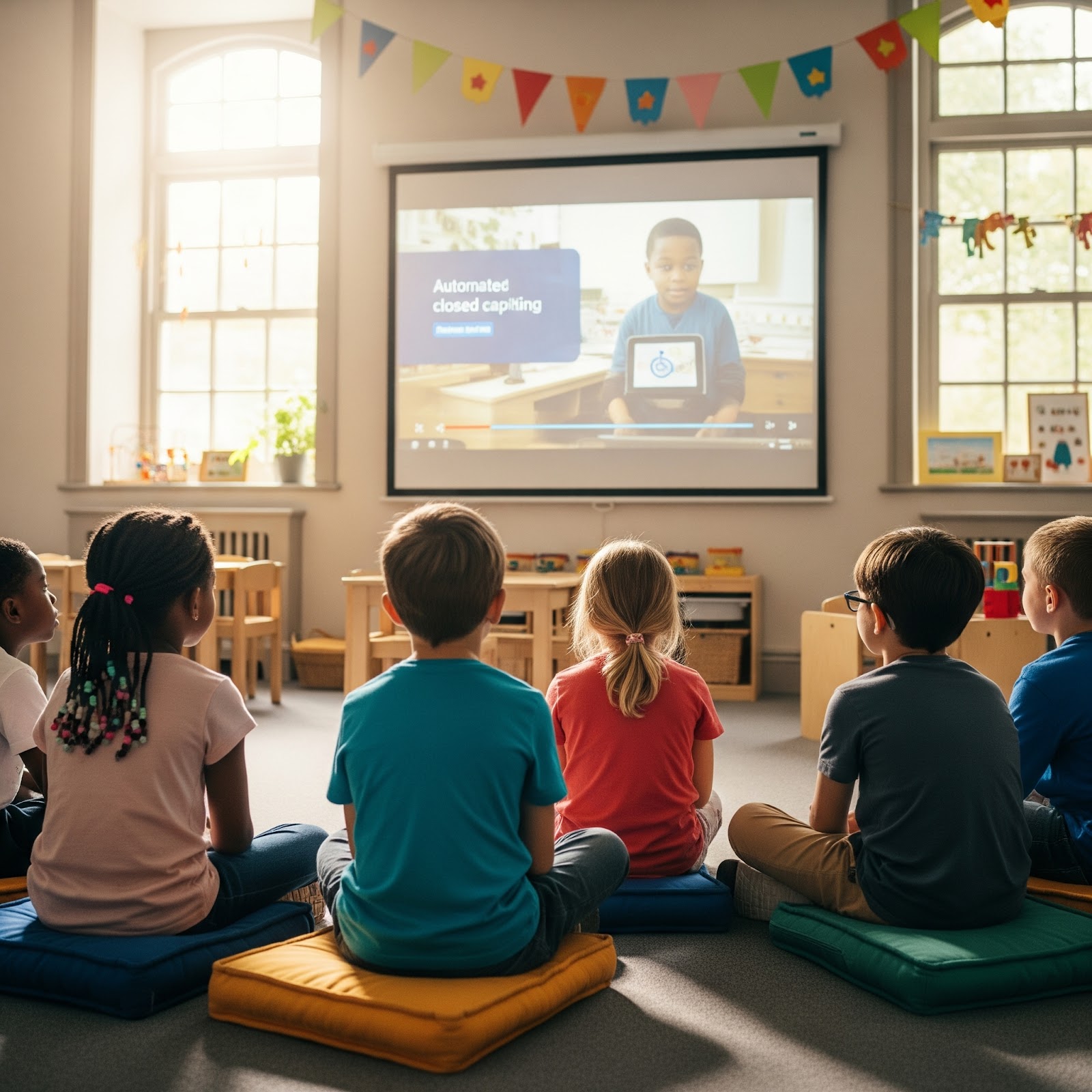 Diverse group of kids watching a video together with automated closed captioning software in a welcoming church classroom.