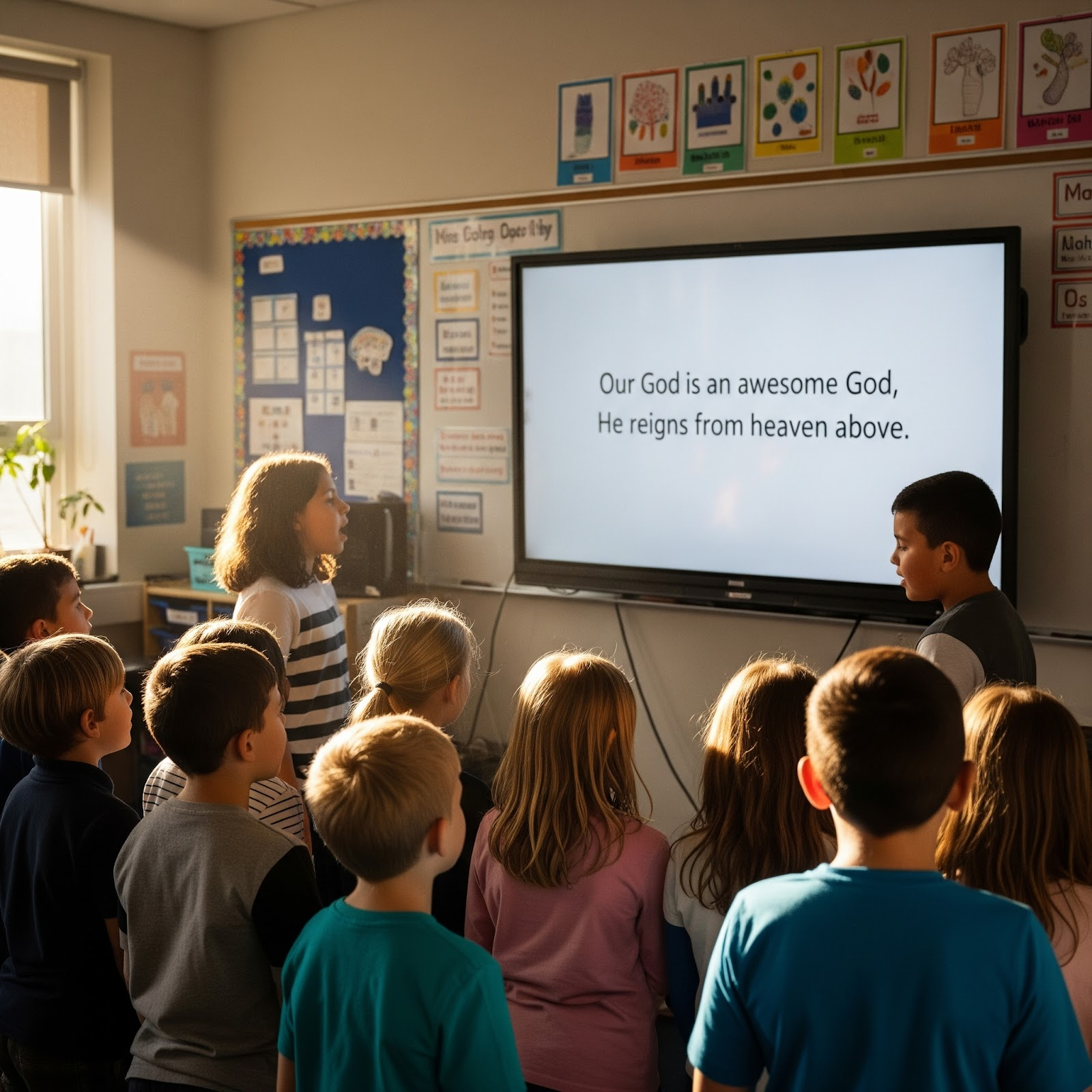 Kids watching a screen with captions visible under a worship song.