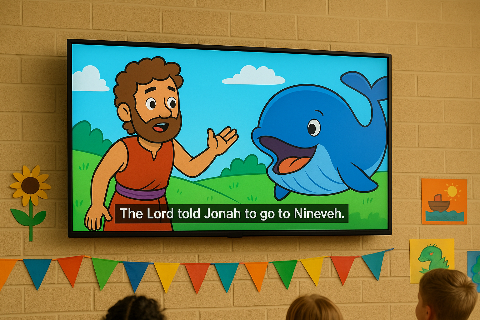 Captions overlay on a fun animated Bible story. 