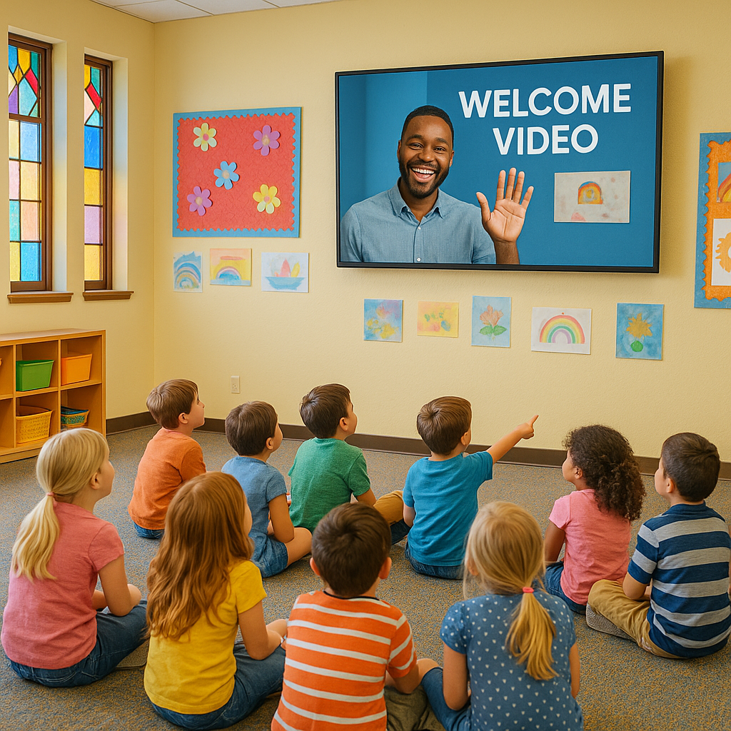 Church classroom with a screen showing a welcome video.