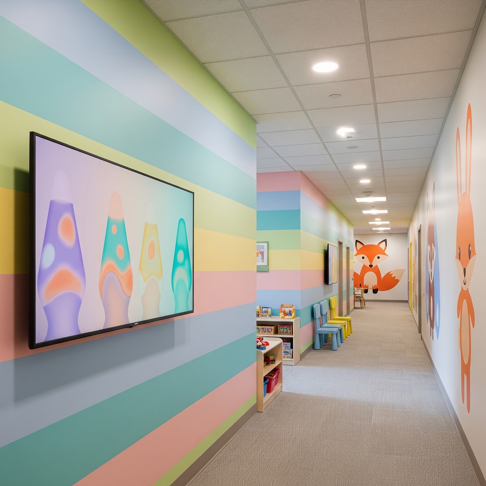 A corridor with kid-friendly colors and a wall-mounted TV playing soft shapes or looping patterns.