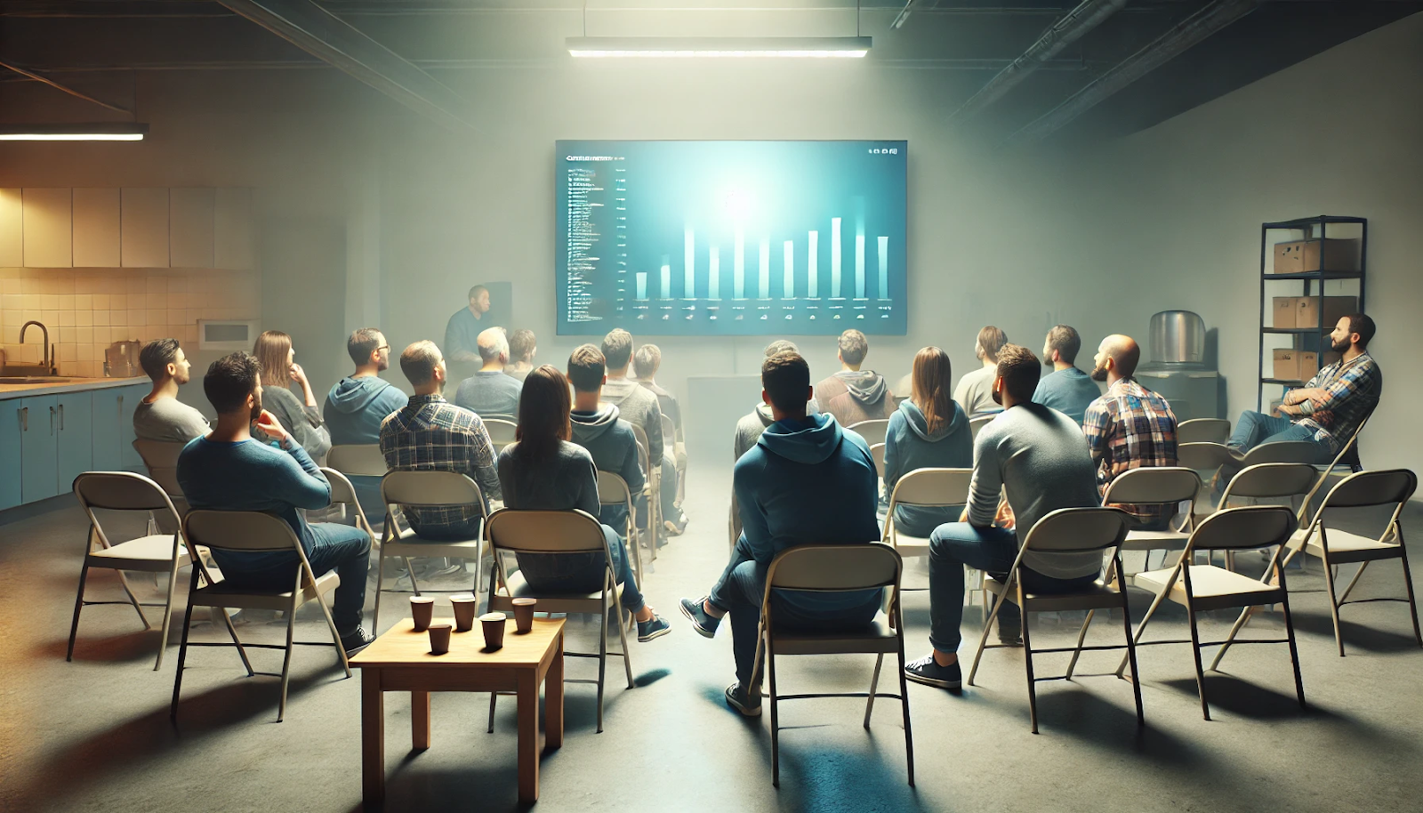 Volunteers watching a training video on a screen in a church media room.