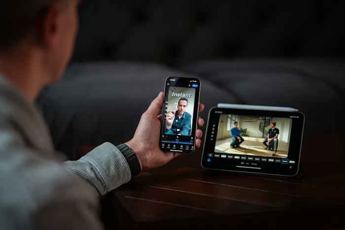 a man holds a phone, generating captions for church social media with an iPad in the background.