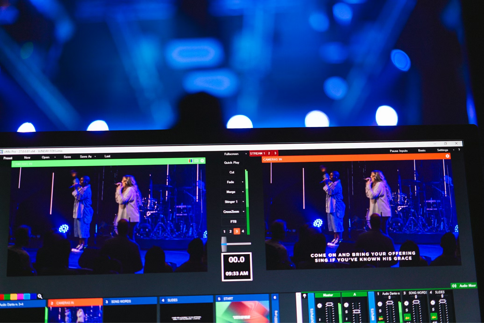 Computer screen showing multiple video feeds for centralized church media control.