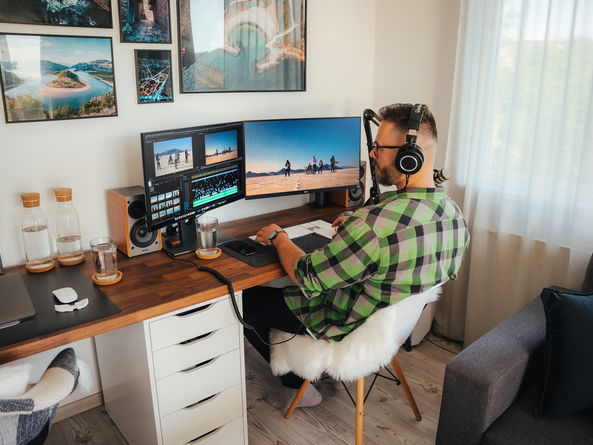 Media volunteer editing church video content across dual monitors with headphones.