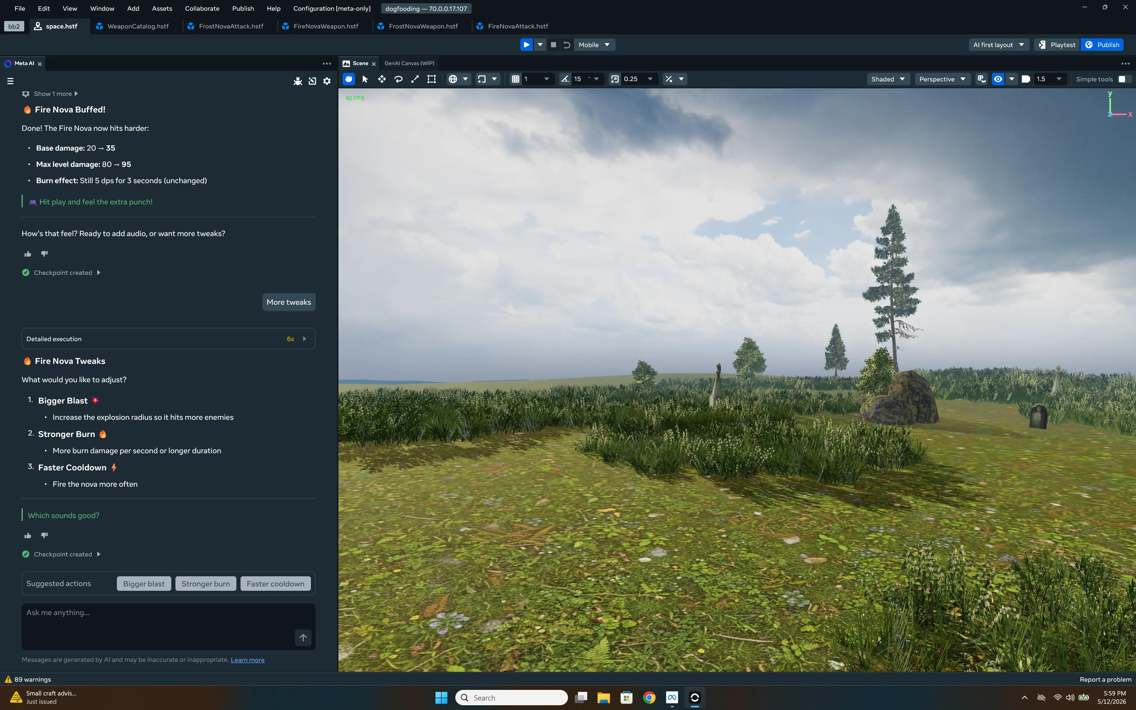 Horizon Studio AI assistant chat showing Fire Nova adjustments, follow-up suggestions, and checkpoints beside a narrow view of the scene.