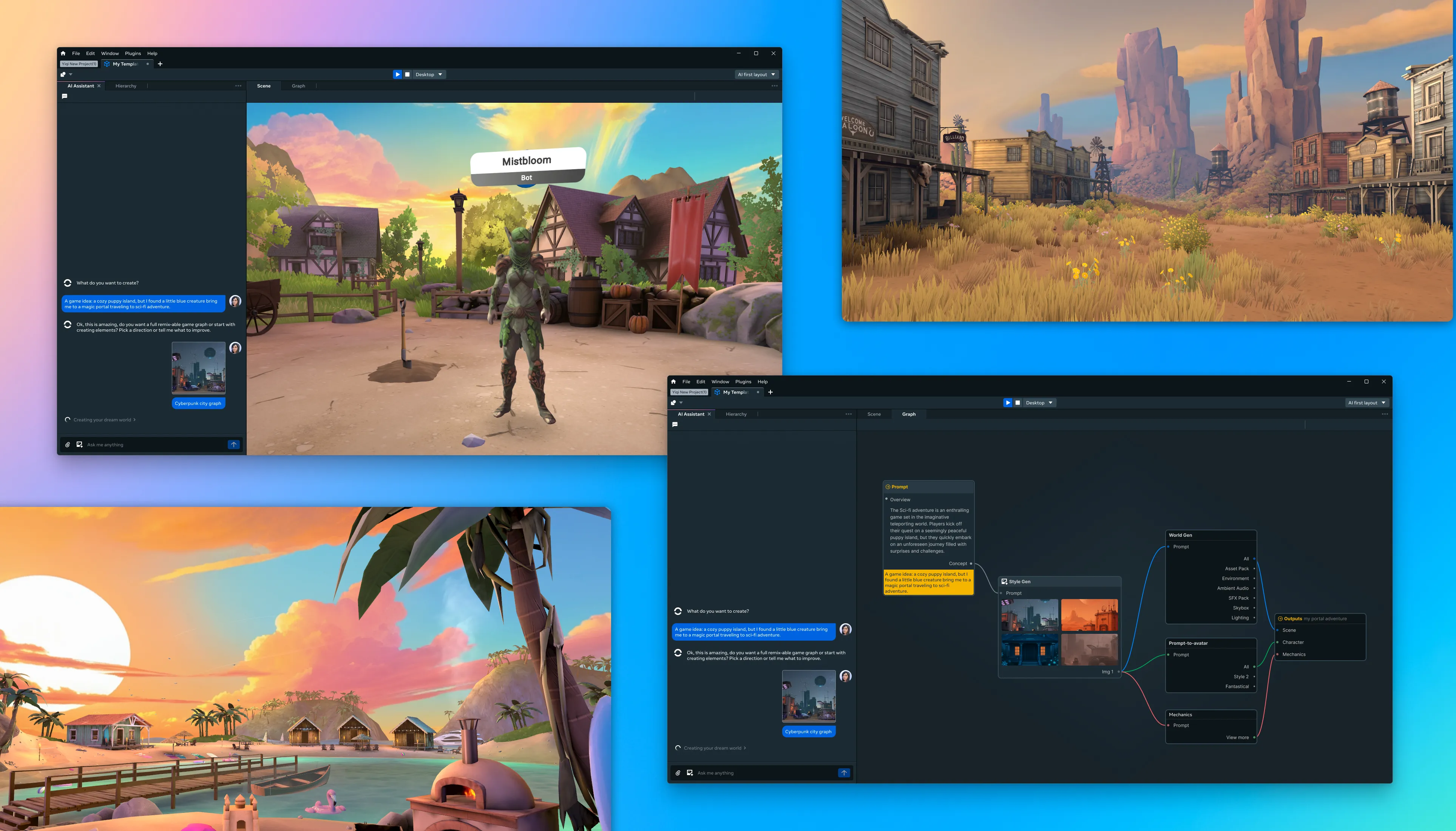 Meta Horizon Studio creation workspace and visual canvas alongside fantasy, western, and tropical playable worlds.