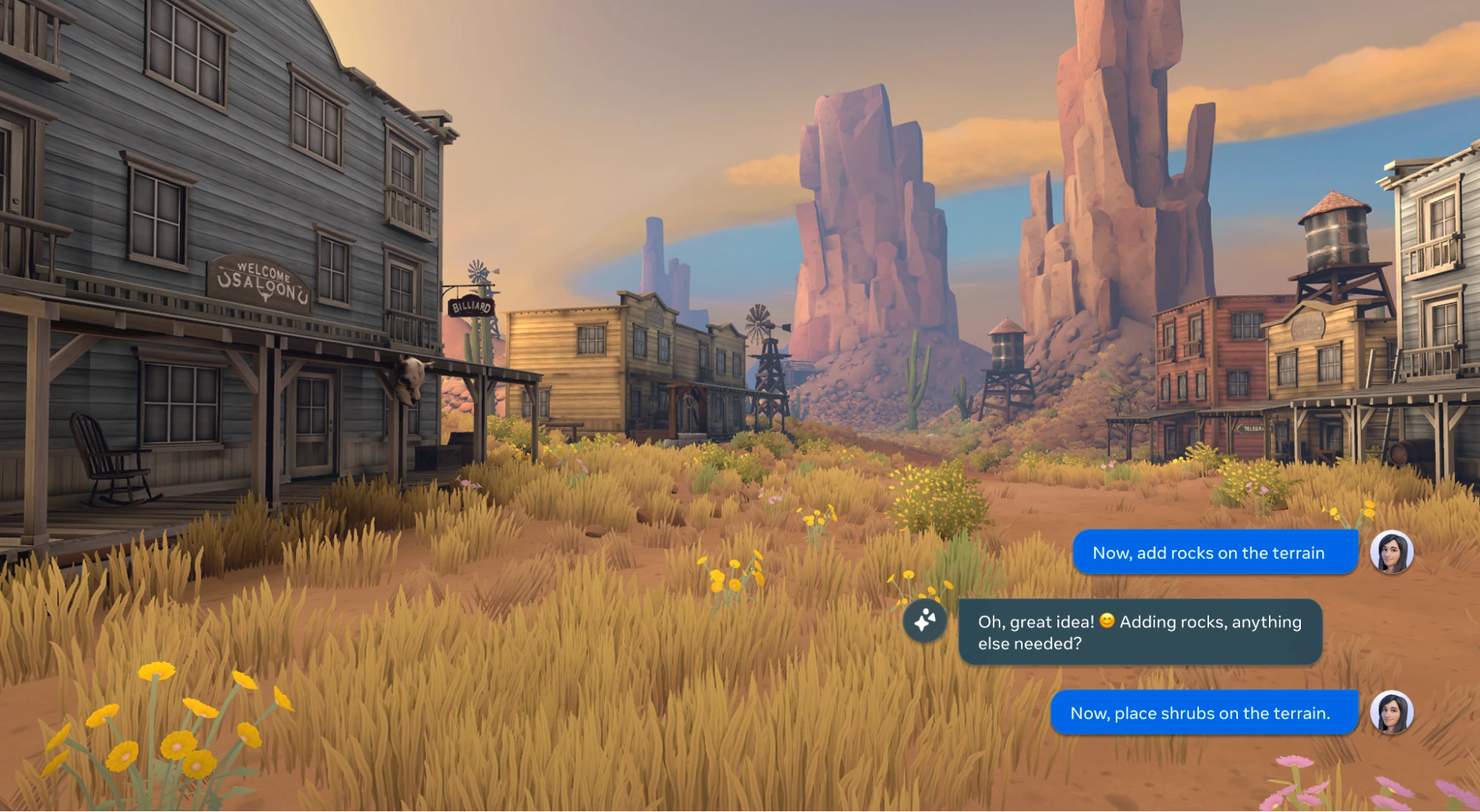 Click to enlarge image A generated Western town beneath tall desert mesas, with conversational prompts for adding rocks and shrubs to the terrain.