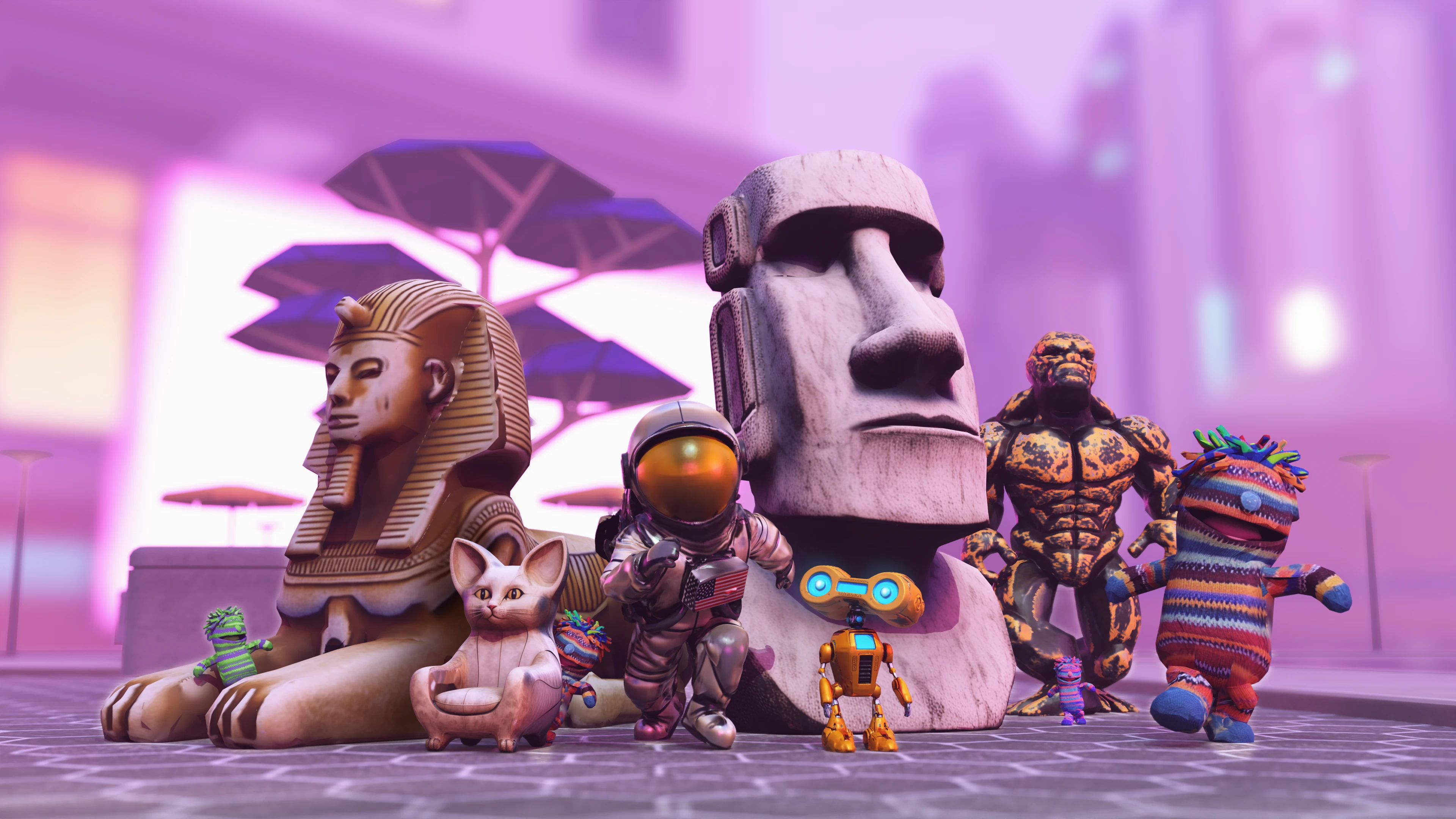 Click to enlarge image A collection of generated 3D assets including a sphinx, stone head, astronaut, robot, cat, and colorful creatures.