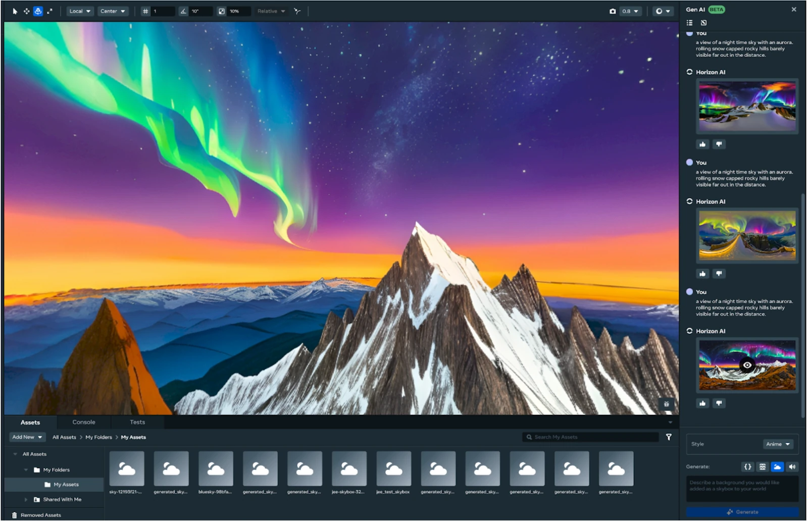 Skybox Generation interface showing aurora lights above snowy mountains with prompt history and skybox assets.