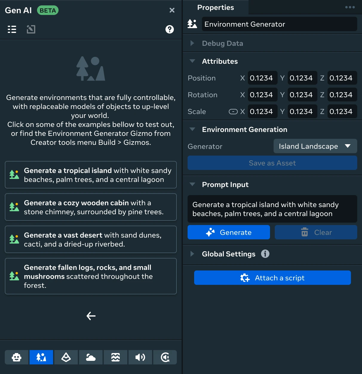 Click to enlarge image Environment Generator interface with prompt examples, transform controls, and a tropical island generation prompt.