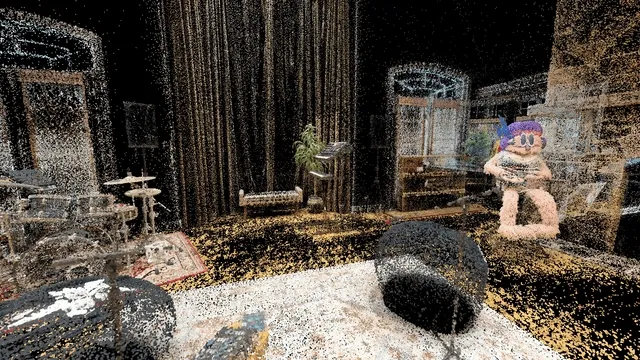 Animated Gaussian splat reconstruction of a furnished interior with a chair, rug, and virtual character.