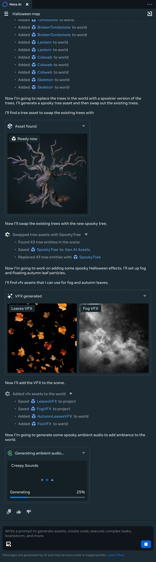 Click to enlarge image Engine AI assistant generating and replacing a spooky tree, adding visual effects, and generating ambient audio.