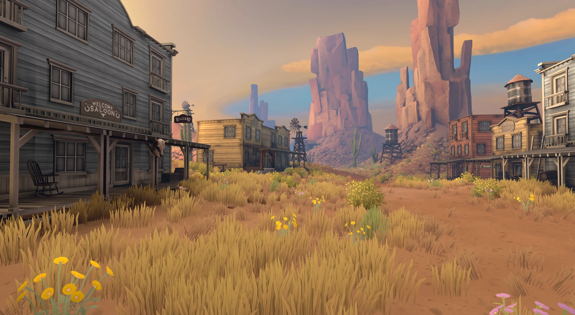 Meta World Generation: a Western town beneath desert mesas at sunset.
