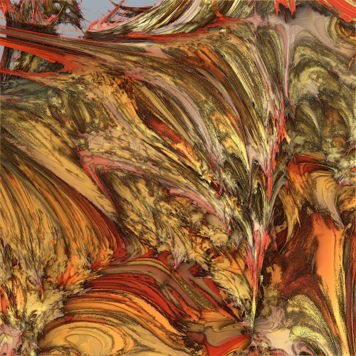 Close detail of flowing gold and red fractal structures