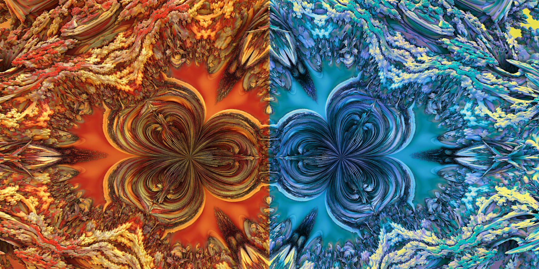 Fractal Flower Eye: mirrored red and gold fractals on the left, blue and teal fractals on the right