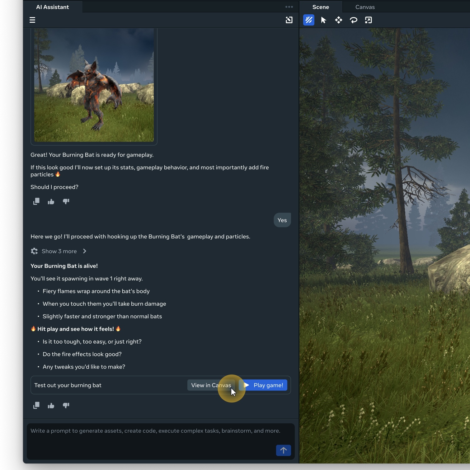 Meta Horizon Studio AI Assistant creating a Burning Bat character on the left, beside the forest scene on the right.