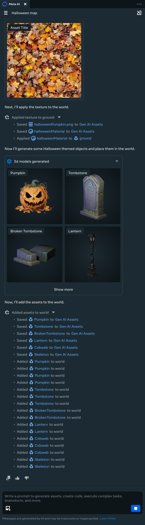 Meta AI assistant applying an autumn leaf texture, generating Halloween assets, and adding pumpkins, tombstones, and lanterns to a world.