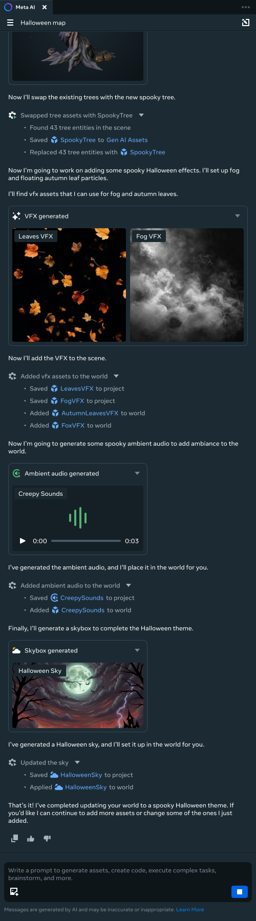 Meta AI Assistant generates autumn leaves and fog effects, applies them to a world, and generates ambient audio.
