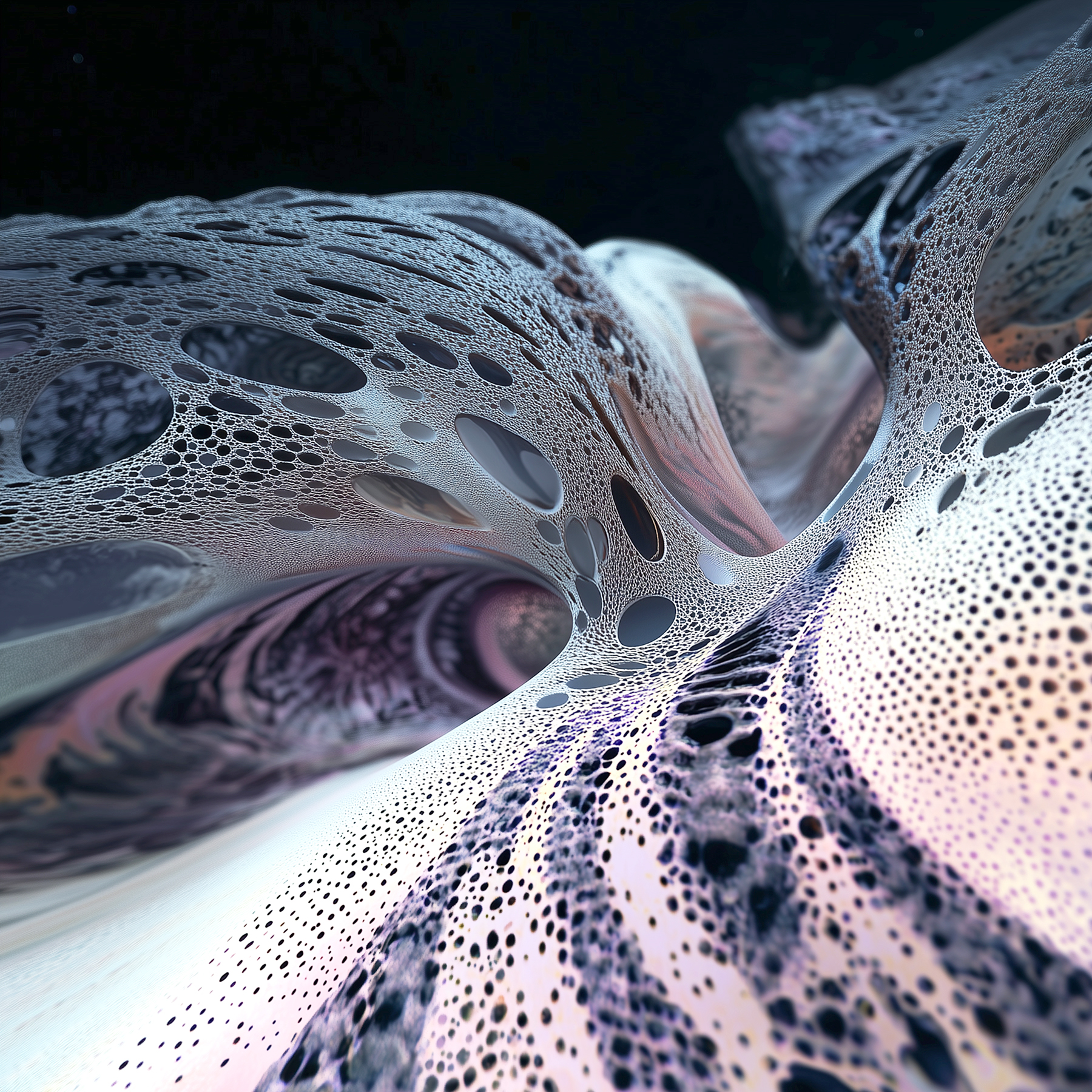 SoundSculpt concept: a close view of flowing, perforated surfaces with translucent depth.