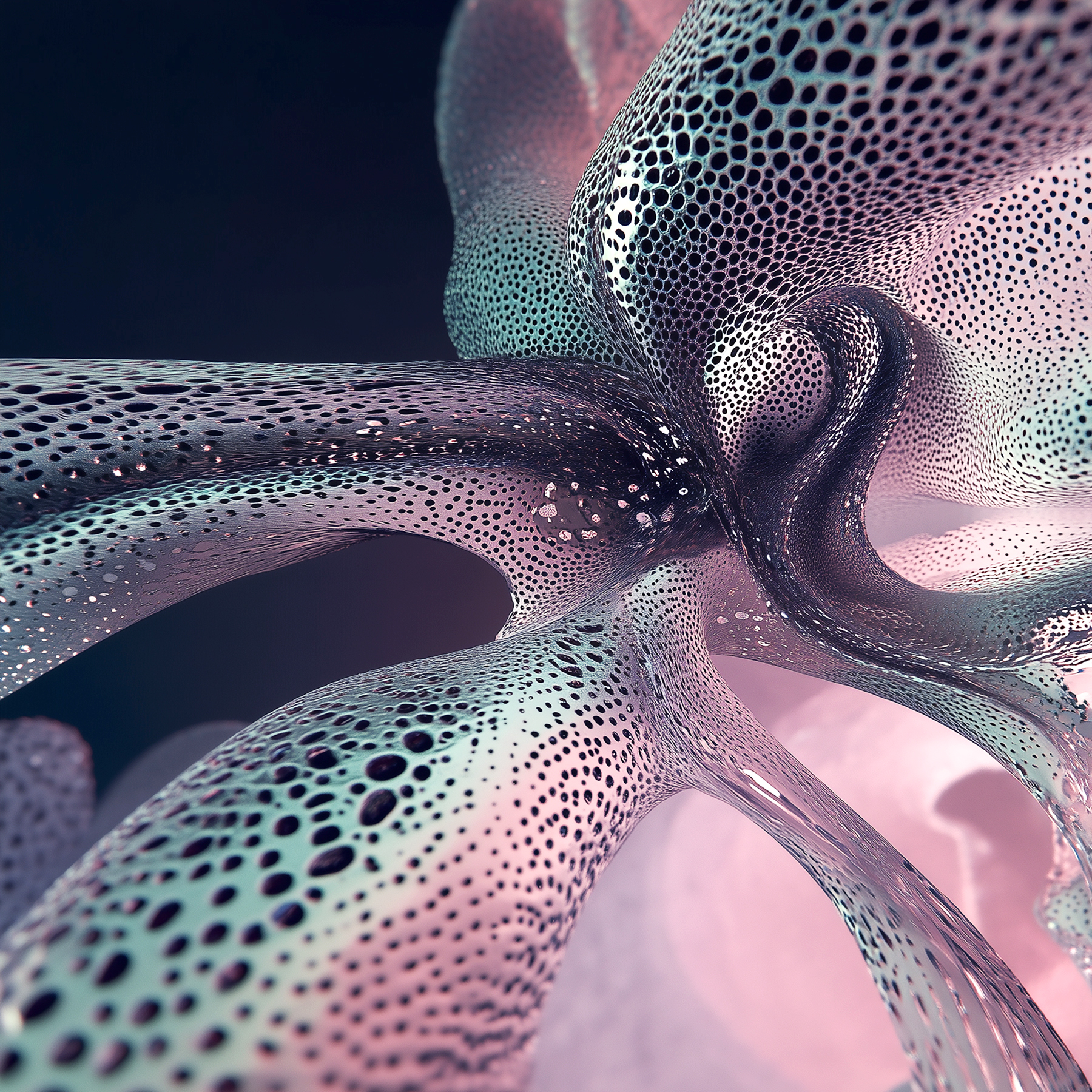 SoundSculpt concept: intertwined porous ribbons in blue, pink, and dark violet.