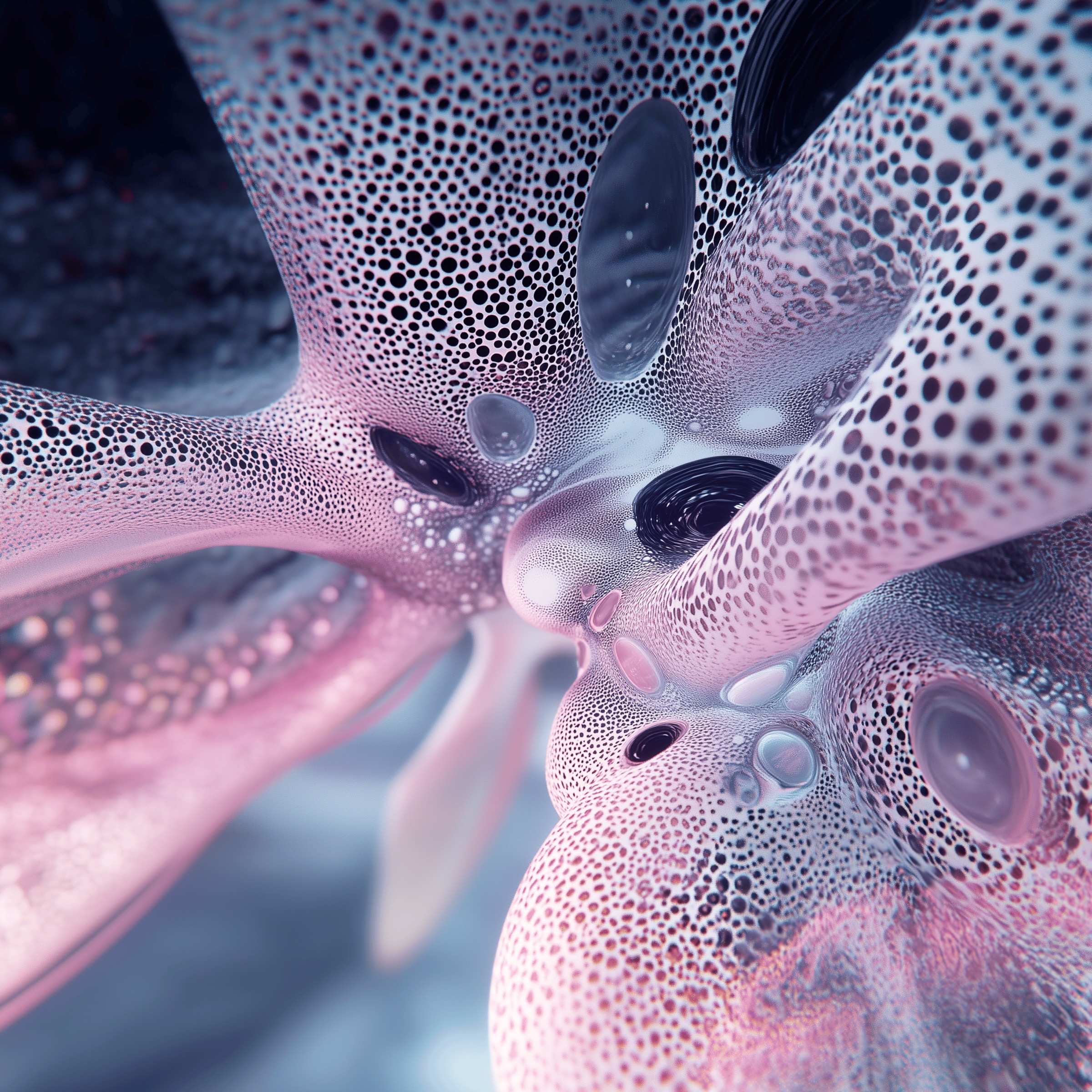 SoundSculpt concept: pink and blue perforated surfaces with reflective rounded forms.